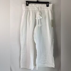 Joie White Gauze Wide Leg Cropped Pants Elastic Waist Tassel Detail XL